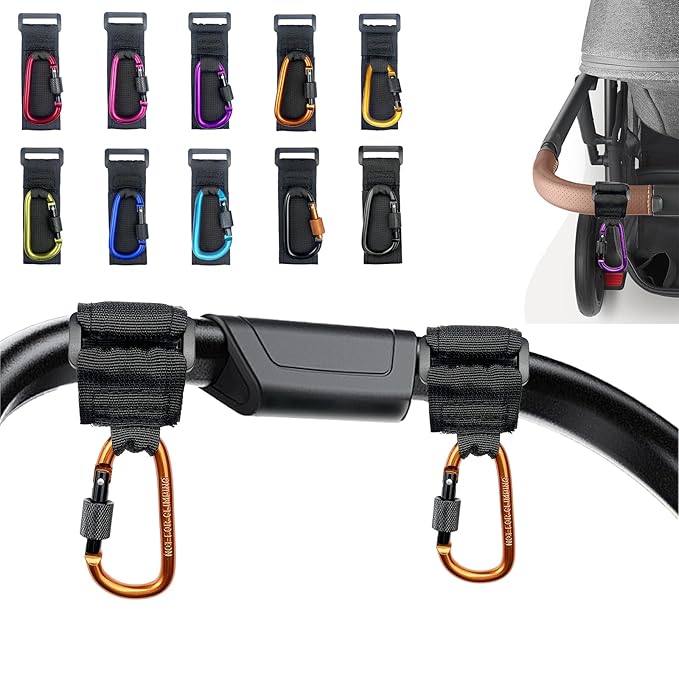 [Upgrade]Baby Stroller Hook with Locking, Carry 30 lbs per Stroller Clip, Baby Stroller Accessories & Car Seat Hook for Hanging Diaper Bag, Golf, Shopping and Pet Cart(2 Pcs + Nylon + Black Orange)