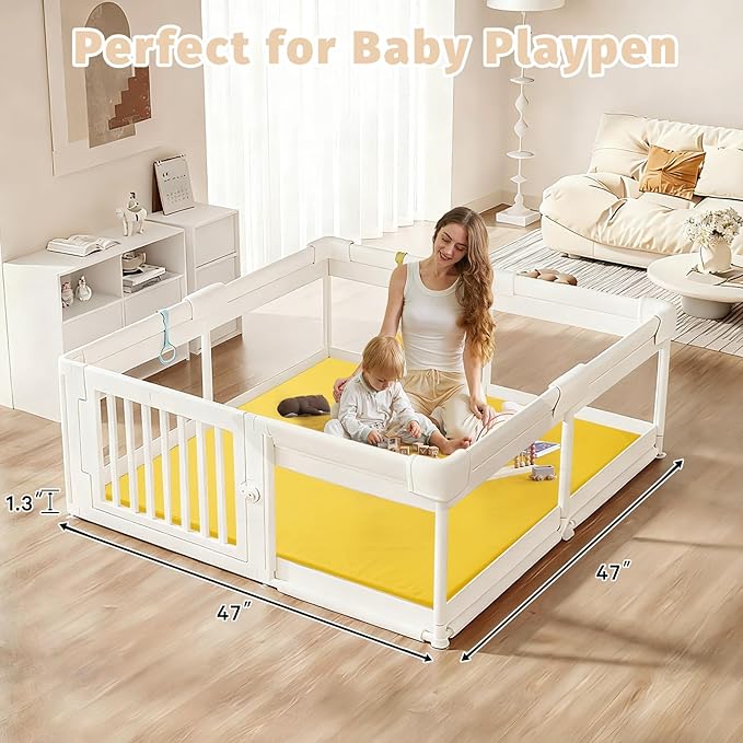 Waterproof Baby Play Mat for Floor 1.3"Thick Memory Foam 47 * 47 Cushion Playpen Playmat Tummy Time Crawling Mat Nursery Rug Pad Mattress Create Soft & Safe Area for Infants,Toddler,Kid,Yellow