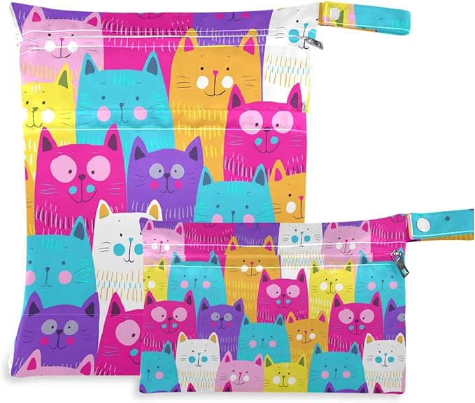 visesunny Colorful Cat 2Pcs Wet Bag with Zippered Pockets Washable Reusable Roomy for Travel,Beach,Pool,Daycare,Stroller,Diapers,Dirty Gym Clothes, Wet Swimsuits, Toiletries