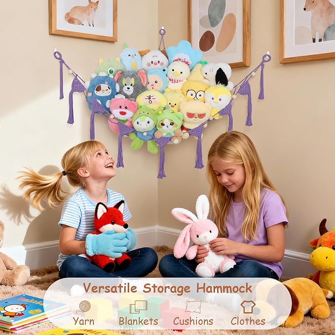 Stuffed Animal Net Hammock Corner, 57 Inch Large No Drilling Handcrafted Toy Hammock Plushie Net, Natural 100% Cotton Boho Macrame Stuffy Storage Toy Net Organizer for Kid Room Nursery Decor(Purple)