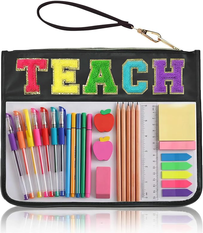 Chenille Letter Clear Zipper Pouch for Travel Preppy Patch Makeup Bag-Nylon Cosmetic Preppy Makeup Waterproof Organizer Bag Set for Women Valentines Bag (Black-Teach)