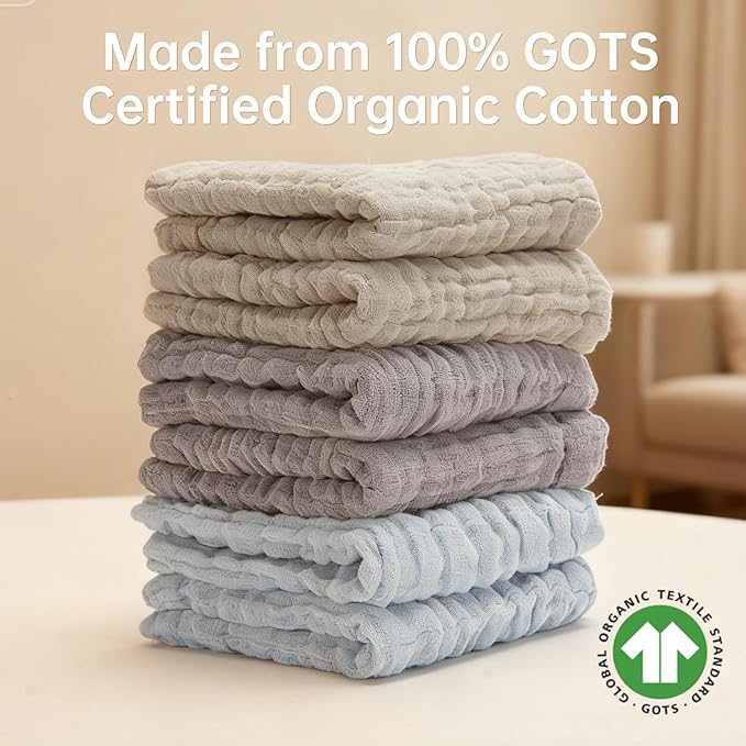 Bear Rocket Organic Muslin Baby Washcloths 6 Pack Baby Bath Face Towel 12x12 Inch Extra Absorbent and Soft Burp Cloth and Wash Cloths for Newborn-Infants On Sensitive Skin (Blue Brown Grey)