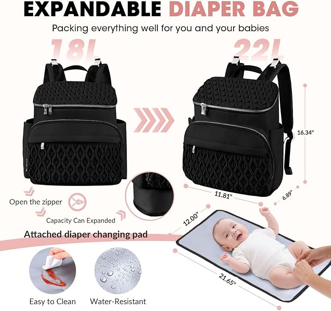 Baby Diaper Bag Backpack, Expandable Baby Bag for Girl Boy, Travel Diaper Backpack with Insulated Pocket, Changing Pad, Quilted Diaper Bag for Mom Dad, Newborn Baby Essentials Must Have Black