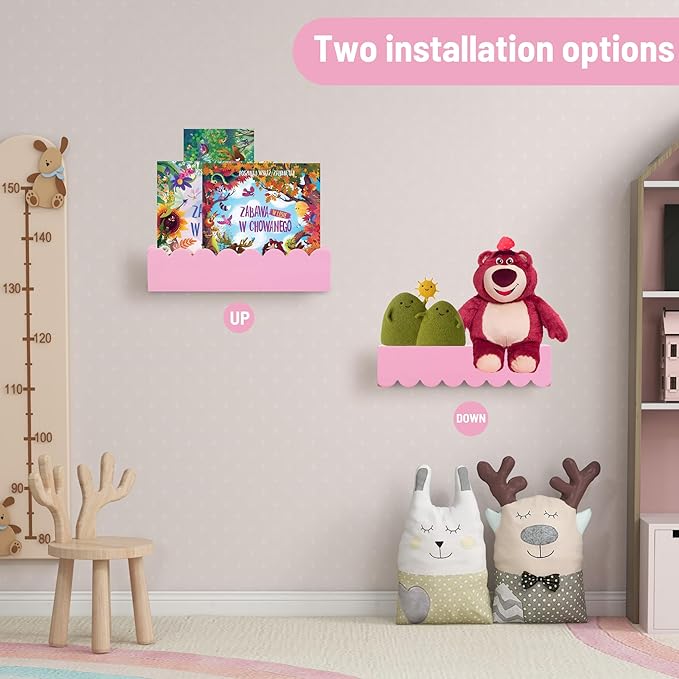Wood Floating Shelves for Wall,Nursery Bookshelf,Kids Book Shelf,Baby Toys Storage Decor Organizer Wall Mounted for Living Room Bedroom,Wavy Edge,Preassembled,4 Pack,Scalloped Pine(Pink)
