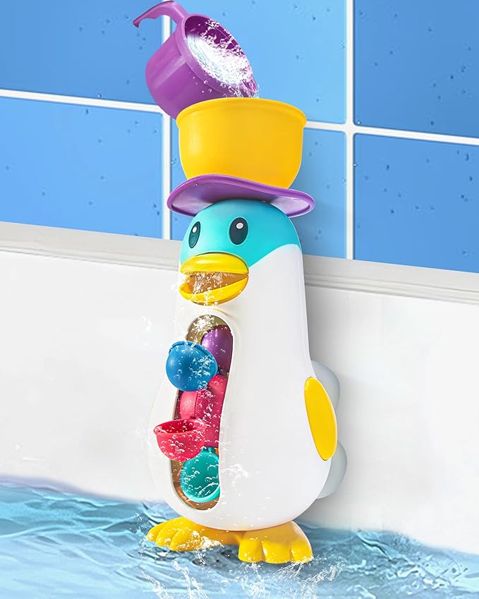 Bath Toys for Kids Ages 1-3, Toddlers Waterfall Bathtub Toys with Suction Cups, Penguin Kids Bath Toys with Rotatable Waterwheel, Birthday Gift for Boys Girls