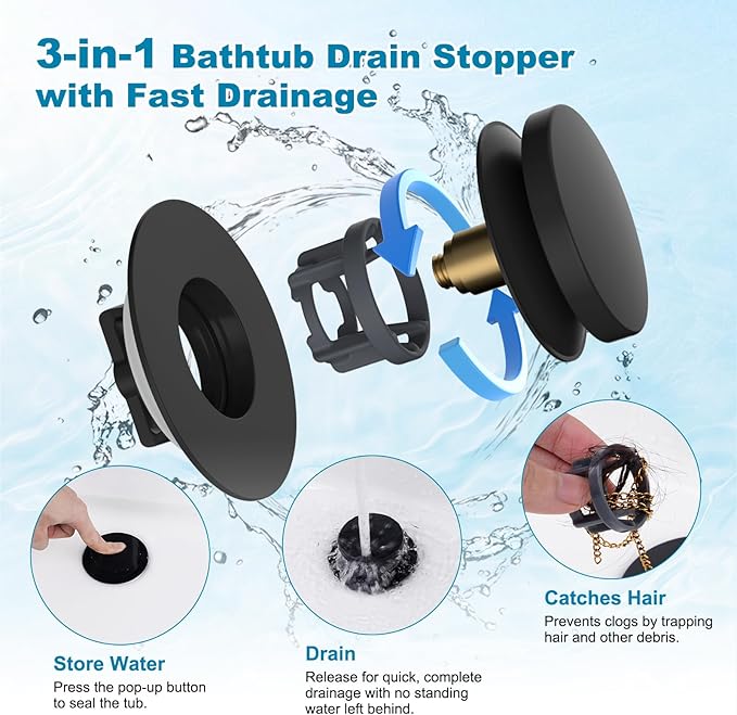 Hibbent 2 Pack 3 in 1 Metal Bathtub Drain Stopper, Universal Pop Up Tub Stopper with Removable Filter Basket, Anti-Clogging Bathtub Hair Catcher for 1.5''~2.4'' Drain, Brass Bullet Core, Matte Black