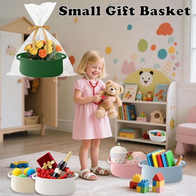 Small Woven Rope Basket-Empty Gifts Basket with Bag and Ribbons,Cute Handle Organizer Box for Birthday/Baby Shower, Toy Storage, Nursery Organizing & Shelf Decor(Green)