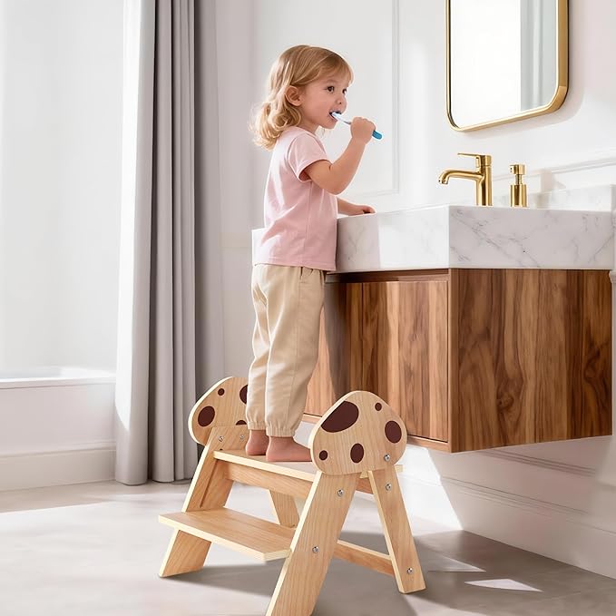 Novarieth Beech Wooden Toddler Step Stool, 2-Step Foldable Stool for Kids with Non-Slip Surface, Baby Bathroom Stool for Potty Training, Bathroom Sink, Kitchen Counter with Cute Mushroom Design