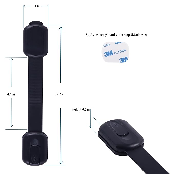 CUTESAFETY - Child Safety Cabinet Locks (6 Pack) – Adjustable Baby Proofing Strap Latches with Strong 3M Adhesive – No Drill Childproof Locks for Drawers, Cabinets, Fridge, Door, Closet, Black