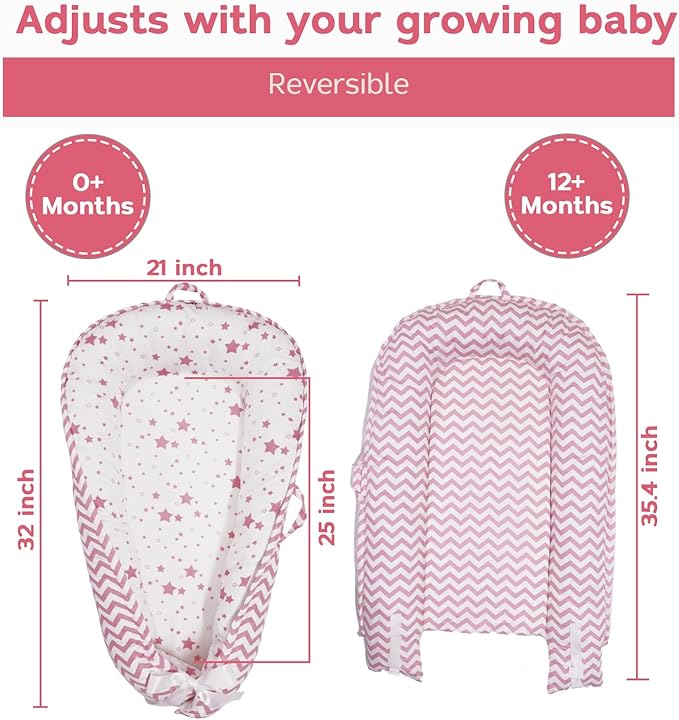 Aila+Aiden Baby Lounger | Organic Cotton Infant Lounger | Reversible, Adjustable & Portable Floor Lounger | Supervised Use | Soft, Breathable, Washable Cover - Star Collection (Pink)