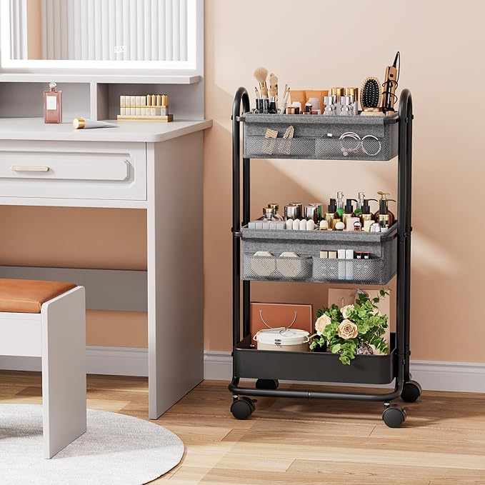 Baby Diaper Caddy Organizer Cart - 3 Tier Rolling Storage Cart with Wheels, Baby Essentials for Nursery Storage, Detachable Dividers - for Crib, Bedroom, Art & Craft Organizer (Black)