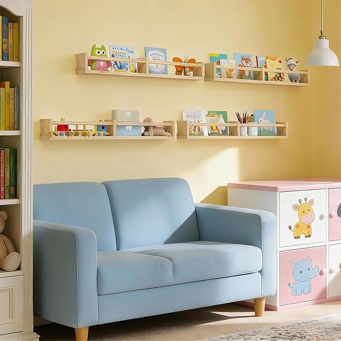 Fixwal Nursery Book Shelves, 32 Inch Floating Bookshelves for Wall Set of 4, Baby Nursery & Playroom Decor, Solid Wood Wall Mounted Shelves for Books and Toys Storage (Natural Wood)