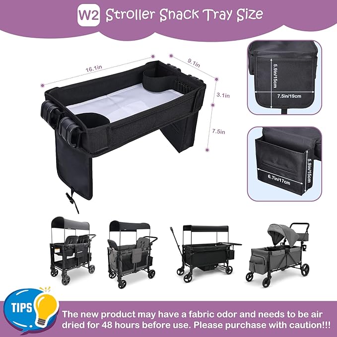 Babenest Stroller Snack Tray for Wonderfold Wagon W2, Foldable Thickened Snack Tray with Cup Holder, Storage Mesh Bag & Pen Slot, Easy to Clean Snack Board for Drawing