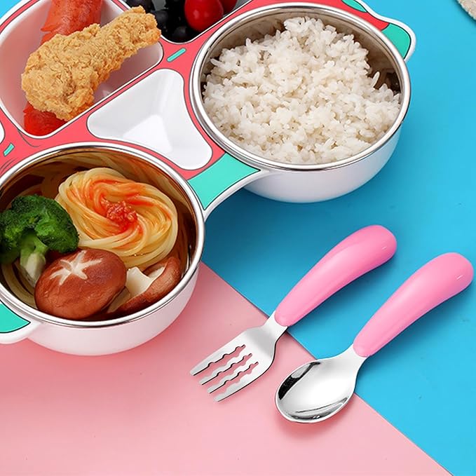 VANRA 2 Pieces Toddler Fork and Spoon Set with Travel Case 18/8 Stainless Steel Toddler Utensils Kids Silverware Children Flatware Child Cutlery Set for School Lunch Box (Pink)
