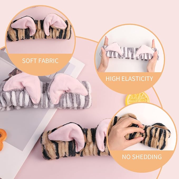 PERFECTSIGHT Kawaii Headband for Spa, Makeup, Washing Face, Party - 2 Pack Cute Hair Band for Shower Beauty Skincare, Soft Facial Headbands for Girls and Women, Black+Gray Cat Ear