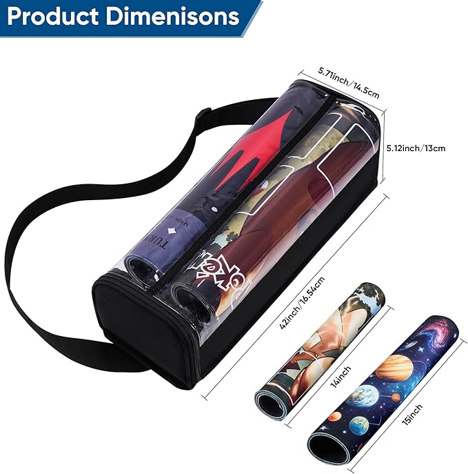 Speqerk Playmat Tube Fits 14'' or 15'' 2 pcs Playmats, Playmat Case Compatible with TCG/MTG Playmats, Playmat Storage Bag Equipped with SeeThrough Window, Hidden Pocket and Adjustable Shoulder Strap