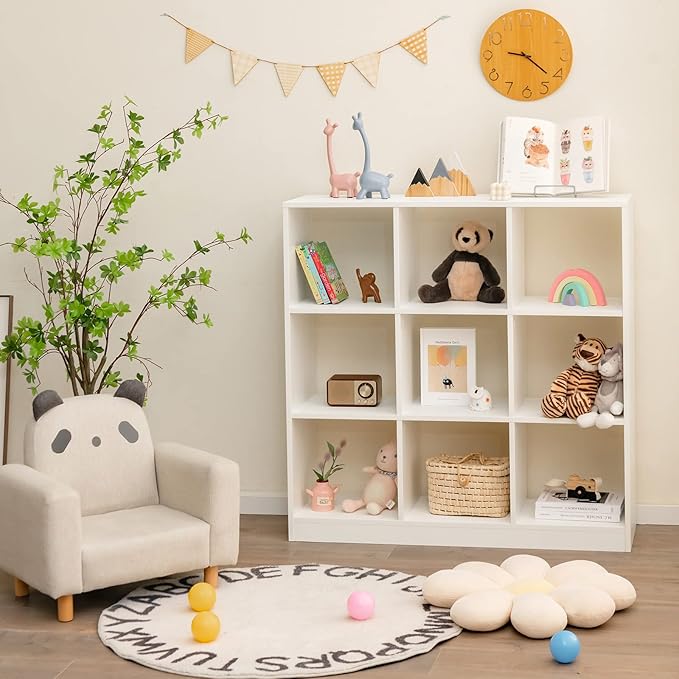 Costzon Toy Organizers and Storage, Wooden White 9-Cube Kids Bookcase for Books Toys Display Organization, Toddler Bookshelf for Bedroom, Living Room, Nursery, Playroom