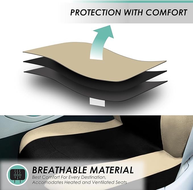 Automotive Seat Covers Beige Black Universal Fit Seat Cover Combo Set with Steering Wheel Cover and Seat Belt Pad (Airbag Compatible and Split Bench)