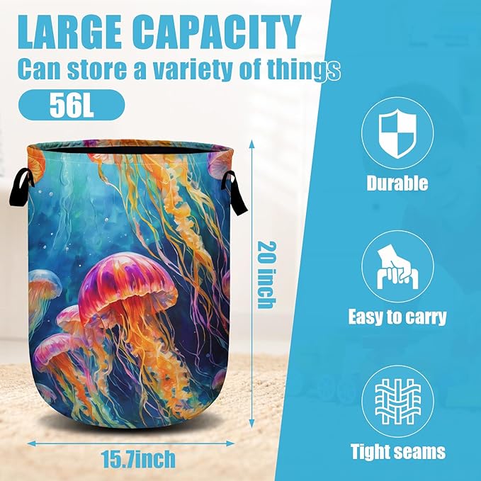 Colorful Jellyfish Ocean Laundry Basket, Laundry Hamper Collapsible Oxford Cloth with Handle Clothes Toy Storage Bin for Bathroom Laundry Room Bedroom 15.7 X 20 Inch