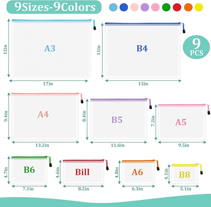 VVCOIIROEI 9pcs Mesh Zipper Pouch Bags, 9 Sizes, 9 Colors, Board Game Storage, Travel, School, Office Organize