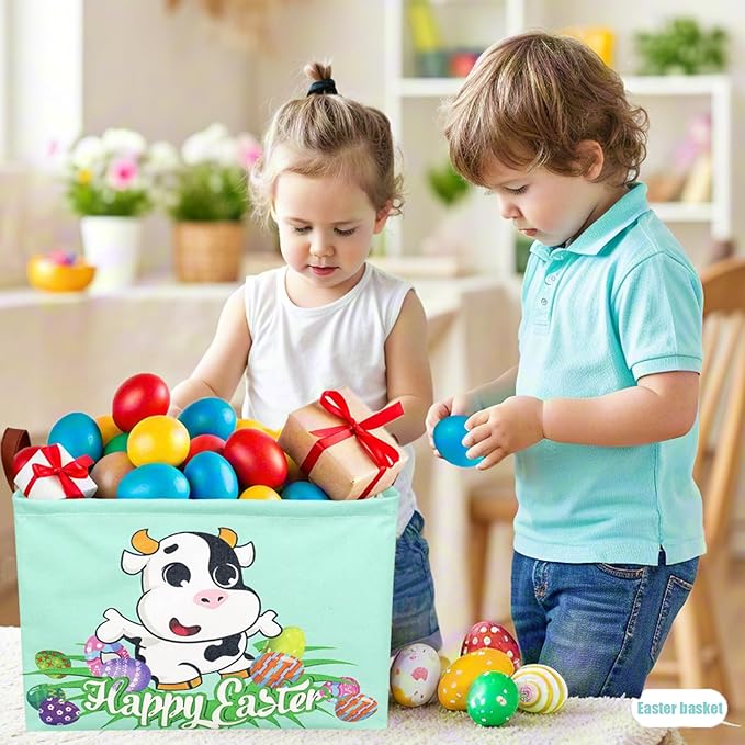 ASKETAM Cow Easter Basket for Kid Large Empty Baby Rectangular Cute Easter Gift Storage Basket Bunny Eggs Décor (Cow)