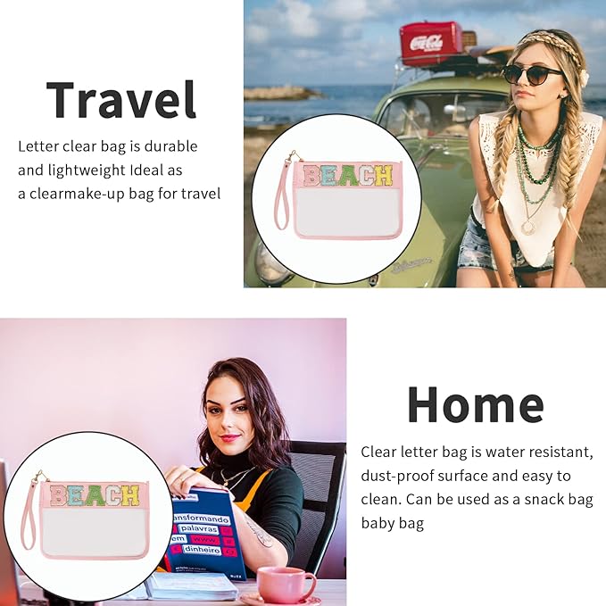 Iqimott Chenille Letter Clear Bag Beach Pouch, Monogram PVC & PU Makeup Cosmetic Bag Zipper Toiletry Pouch, Waterproof Portable Travel Snack Wristlet Bags for Women Girls(Beach, Pink)