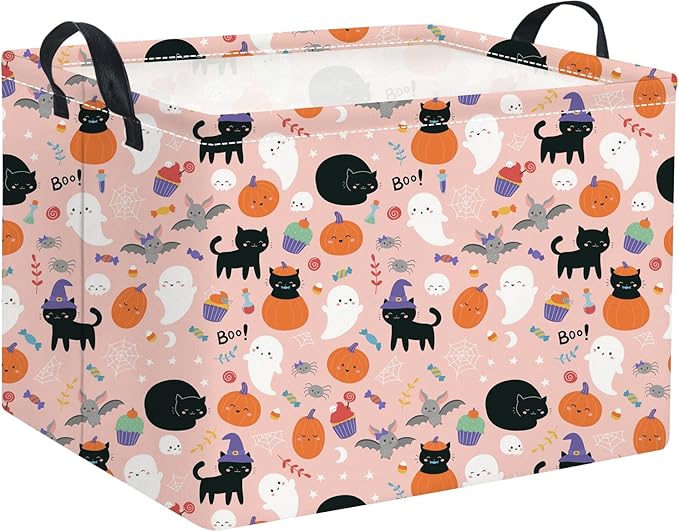 TIBAOLOVER Rectangular Halloween Basket for Kids Cute Pumpkin Basket Storage Bin Organizer Box Room Decor for Halloween Parties(Pink Ghost)