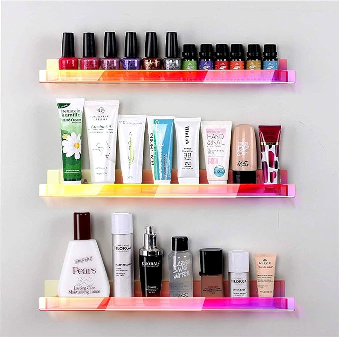 RORKIM 8 Pack 15 Inch Iridescent Acrylic Shelves, Clear Rainbow Kids Floating Bookshelf for Kids Room, Modern Sunglasses Essential Oil Picture Ledge Display Toy Storage Wall Shelf