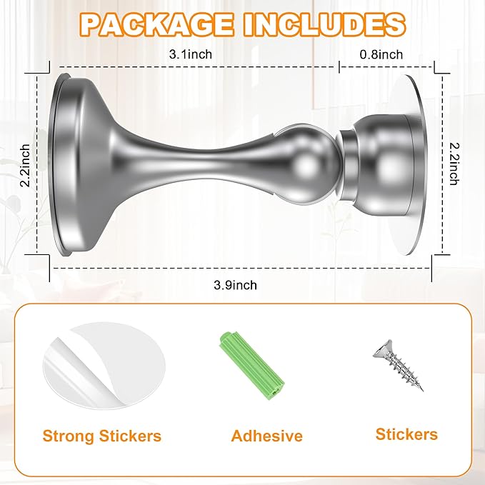 Crosize Magnetic Door Stoppers 4 Pack, Stainless Steel Door Stops for Wall and Floor Mounting, Door Holder Keep Door Open, No Drilling Door Stop with Adhesive Tapes, Silver