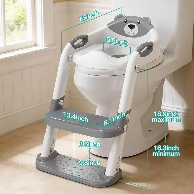 Potty Training Seat ，SKYROKU Potty Training Toilet with Step Stool Ladder, for Kids Boys Girls Toddlers - Comfortable Safe Potty Seat with Anti-Slip Pads Ladder (8838+Grey)