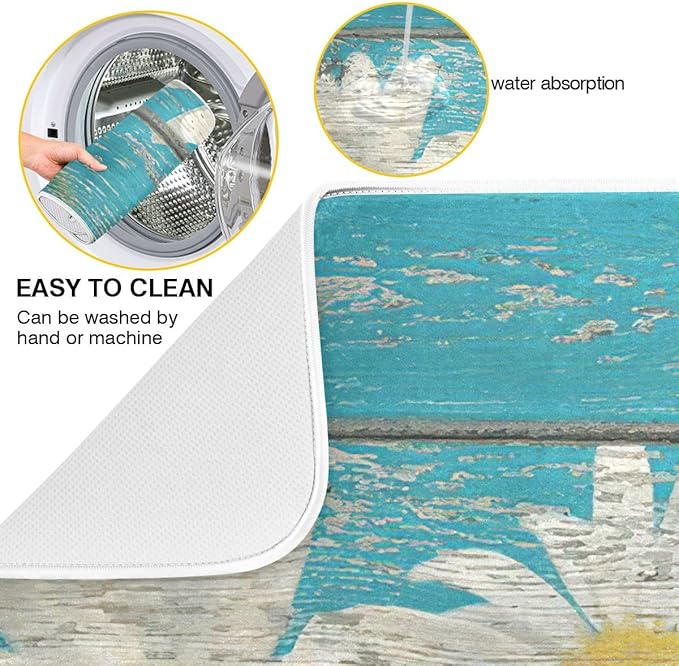 Daisy On Old Wooden Board Dish Drying Mat for Kitchen Counter Turquoise Wood Drying Mat 18 x 24 Inch with High Absorbent Reversible Microfiber Dish Drying Pad Drainer Mat for Coffee Bar