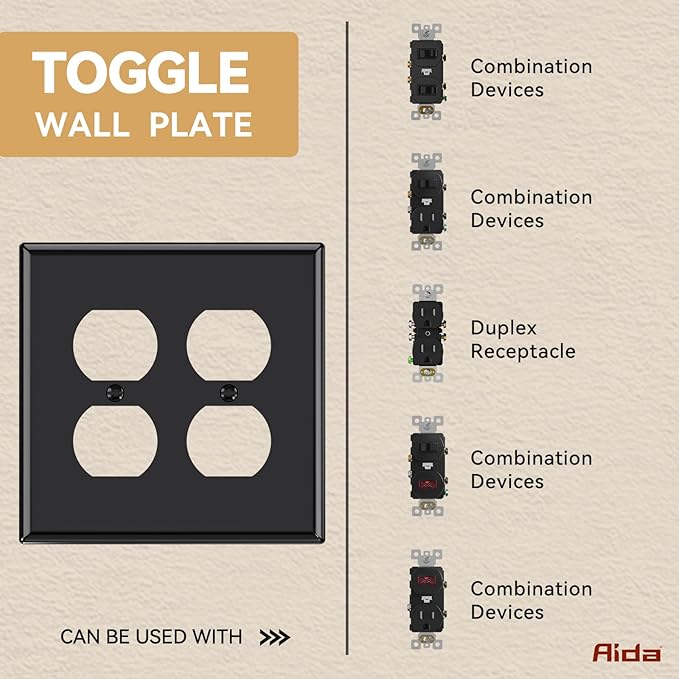AIDA 2-Gang Duplex Receptacle Wall Plates, 4.88"H x 4.94"L Mid-Size Unbreakable Thermoplastic Cover for Outlets, UL Listed (4 Pack, Glossy Black)