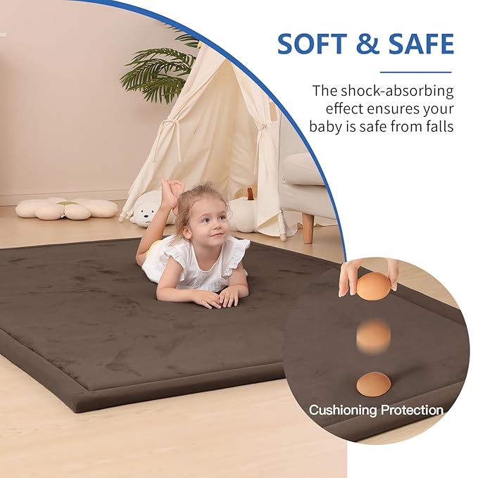 Baby Play Mat for Floor,1.3" Thick Elasti-Foam 50x50 Playpen Mat for Toddlers Infant Kids,Water-Repellent Soft Coral Velvet Tummy Time Mat,Non Slip Crawling Mat,Tatami Mat(Dark Brown)