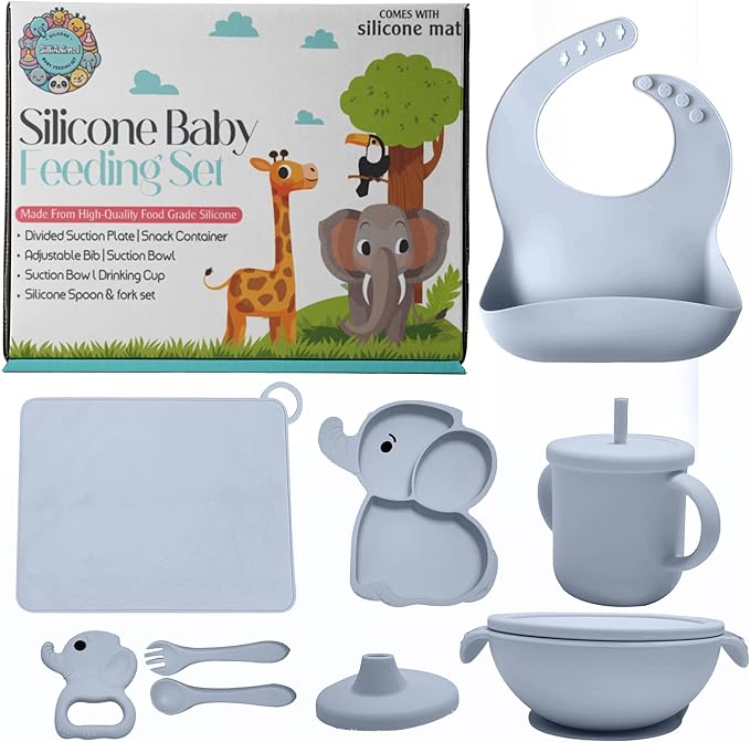 SiliAnimal Elephant-Themed Silicone Baby Feeding Set - Includes Suction Mat, Bibs, Spoons, and Bowls - Perfect for Baby-Led Weaning