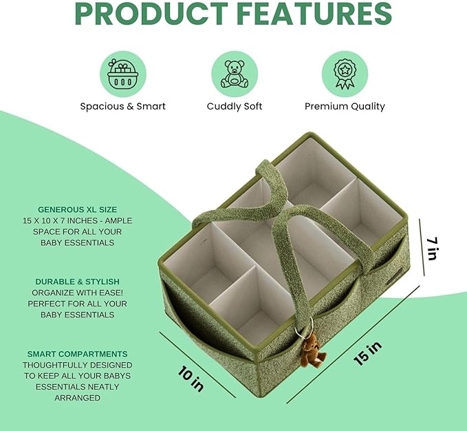 BREEZYBUBS Large Diaper Caddy Organizer with Dividers - Baby Basket for Nursery and Changing Table - Portable Storage with Strong Handles for Diapers, Wipes and Newborn Essentials