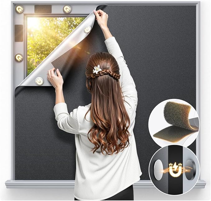 Magnetic Blackout Window Cover 70" x 58" Portable Blackout Curtains for Bedroom, Temporary Black Out Shades Window Privacy Film No Drill Black Out Blinds for Media Room Travel Skylight - Blacks