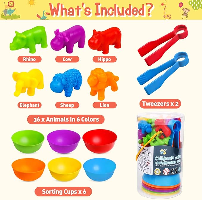 NAODONGLI Counting Animals Color Sorting Stacking Matching Games with Rainbow Bowls Montessori Preschool Educational Learning Activities Fine Motor Skills Toys Easter Gift for Toddlers Ages 3+