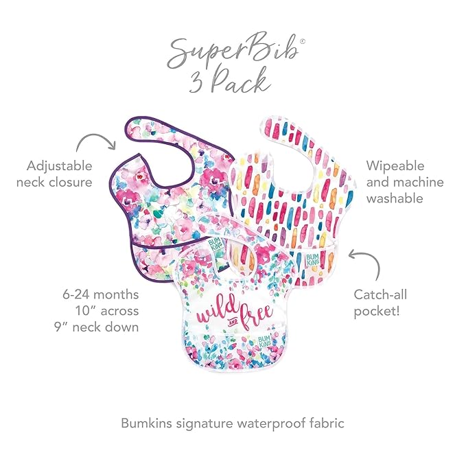 Bumkins Bibs for Girl or Boy, SuperBib Baby and Toddler for 6-24 Months, Essential Must Have for Eating, Feeding, Baby Led Weaning Supplies, Mess Saving Catch Food, Fabric 3-pk Wild and Free