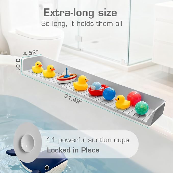 31.5" Bathtub Splash Guard for Kids & Toddlers- Silicone Play Shelf & Toy Storage Tray with Strong Suction Cups to Prevent Water Spills, No-Leak Fun Bath Time - Tub Toy Holder Ledge,Grey
