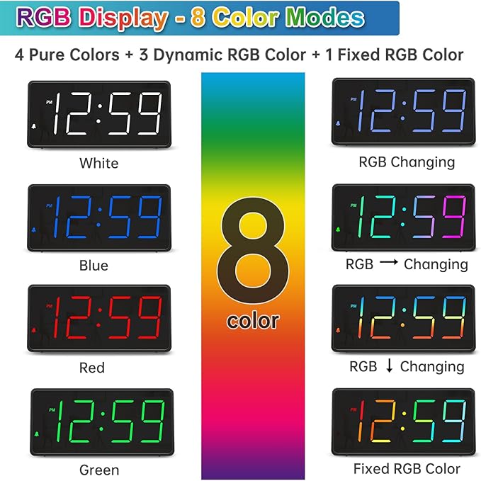 Peakeep Digital Alarm Clock for Bedroom Bedside, Extra Loud for Heavy Sleepers Adults, Large RGB Color Changing Colorful LED Big Numbers, Battery Backup Plug in Electric Clock with USB Charger