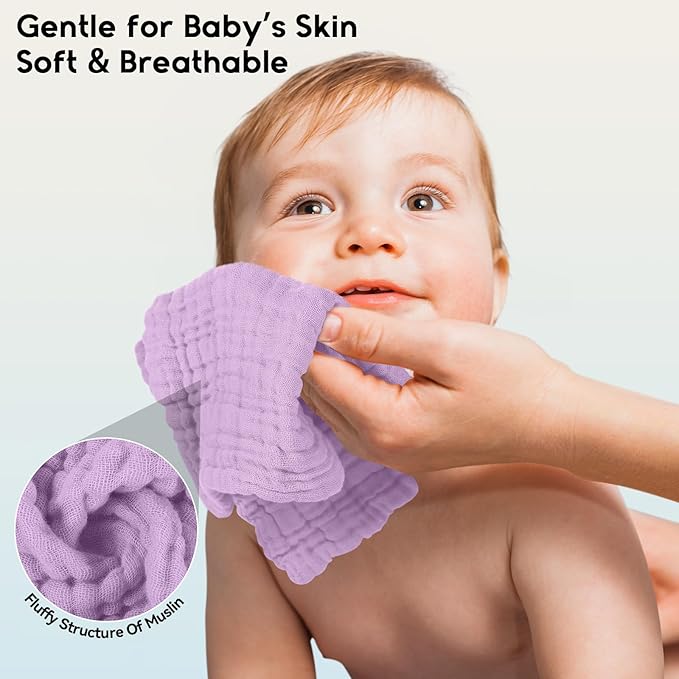 Unnivoll Muslin Burp Cloths Baby 12''X12'', Baby Washcloths 6 Pack, 100% Cotton Baby Wash Cloths Absorbent and Soft for Newborn Infants Kids Boys Girls - Gradient Purple