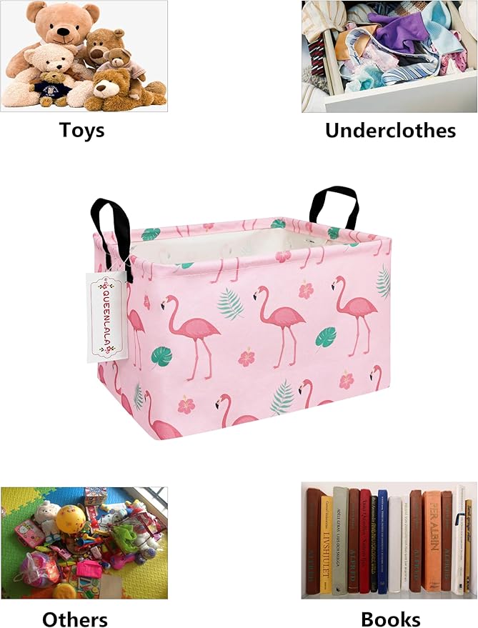 QUEENLALA Rectangular Laundry Hamper/Foldable Nursery Laundry Basket for Organizing/Storage Bin Baskets/Children Toy Office Bedroom/Toy Bin Closet Shelf Baskets（Rec-Pink Flamingo）