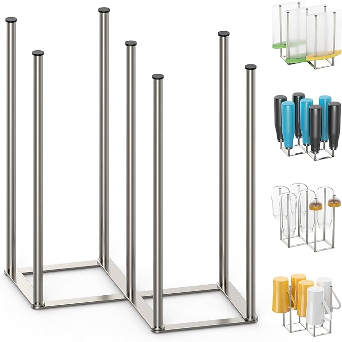 KORRTFID Foldable Bottle Drying Rack, Baby Bottle Drying Rack, Collapsible Cup Draining Holder, Retractable Reusable Storage Bag Dryer with Non-Slip Bottom - Stainless Steels (Silver)
