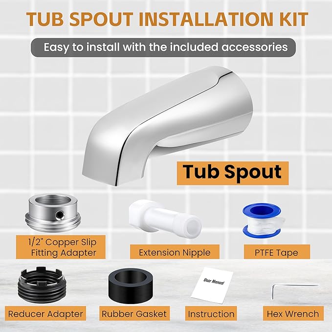 Dreyoo Tub Spout (Universal Fits 1/2" Copper Pipe, 1/2" IPS and 3/4" IPS), Bathroom Bathtub Faucet with Adapters and Hex Wrench(Chrome,Without Diverter)