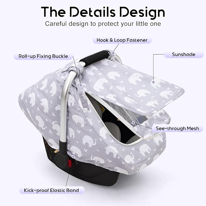 Baby Car Seat Cover, Mink Warm Infant Car Seat Cover for Girls Boys, Universal Carseat Cover with Mesh Peep Window & Sun Shade, Baby Carrier Canopy Cover for Winter Autumn