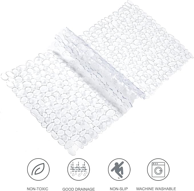 Bath Tub and Shower Mats, Non-Slip Pebble 35 x 16 Inches Machine Washable Bathtub Mat with Drain Holes, Suction Cups for Bathroom (Clear)