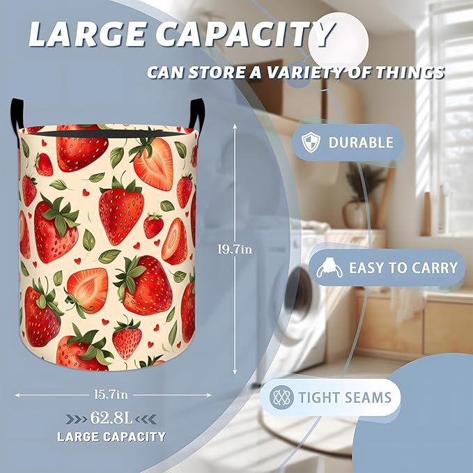 Fresh Strawberry Green Leaves Hearts Laundry Basket with Handles, 19.7"x15.7" Clothes Foldable Laundry Hamper Organizer for Dorm Nursery Bedroom Bathroom Decor, Toy Storage Bin for Kids