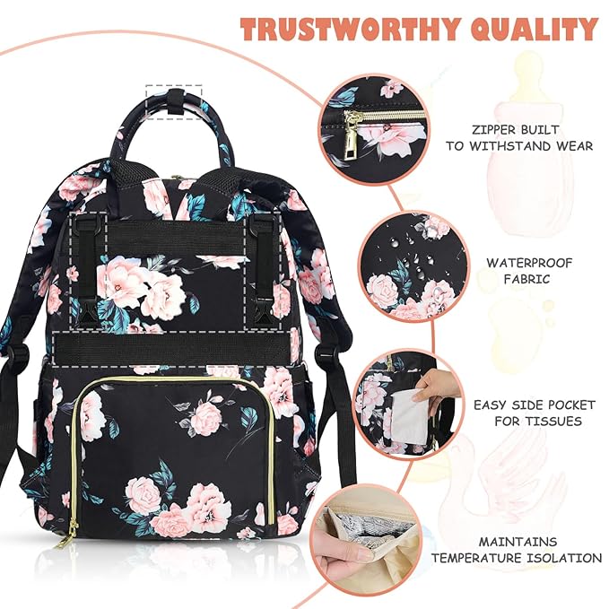 Tenot Baby Diaper Bag Backpack, Travel Diaper Bags for Girl Boy Large Capacity Baby Bag Backpack for Women Black Floral