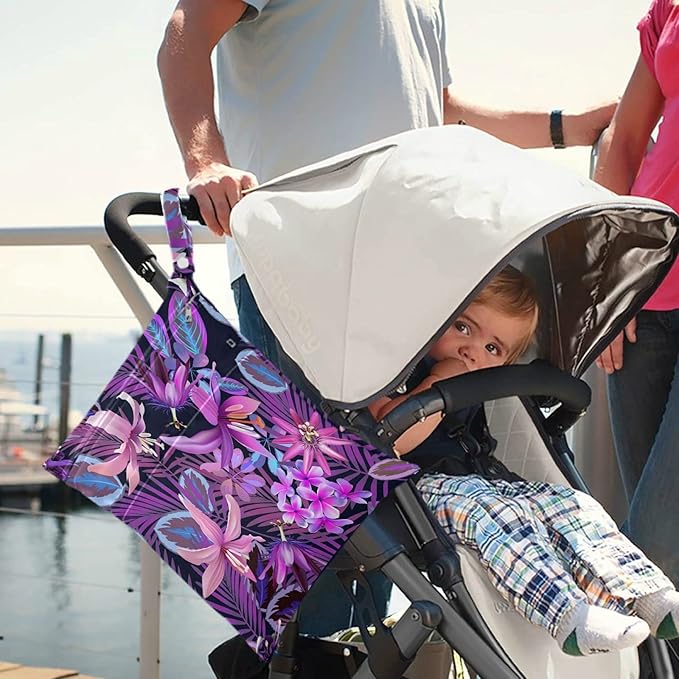 visesunny Tropical Purple Flower Palm 2Pcs Wet Bag with Zippered Pockets Washable Reusable Roomy for Travel,Beach,Pool,Daycare,Stroller,Diapers,Dirty Gym Clothes, Wet Swimsuits, Toiletries