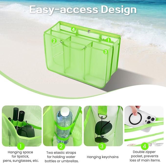 XYFuuee Beach Bag Organizer Inserts for Original Large Bogg Bag Accessories with 8 Removable Metal Fasteners, Lightweight Mesh Insert Divider Pouch, Organizing Rubber Tote, Save Space, Green XL